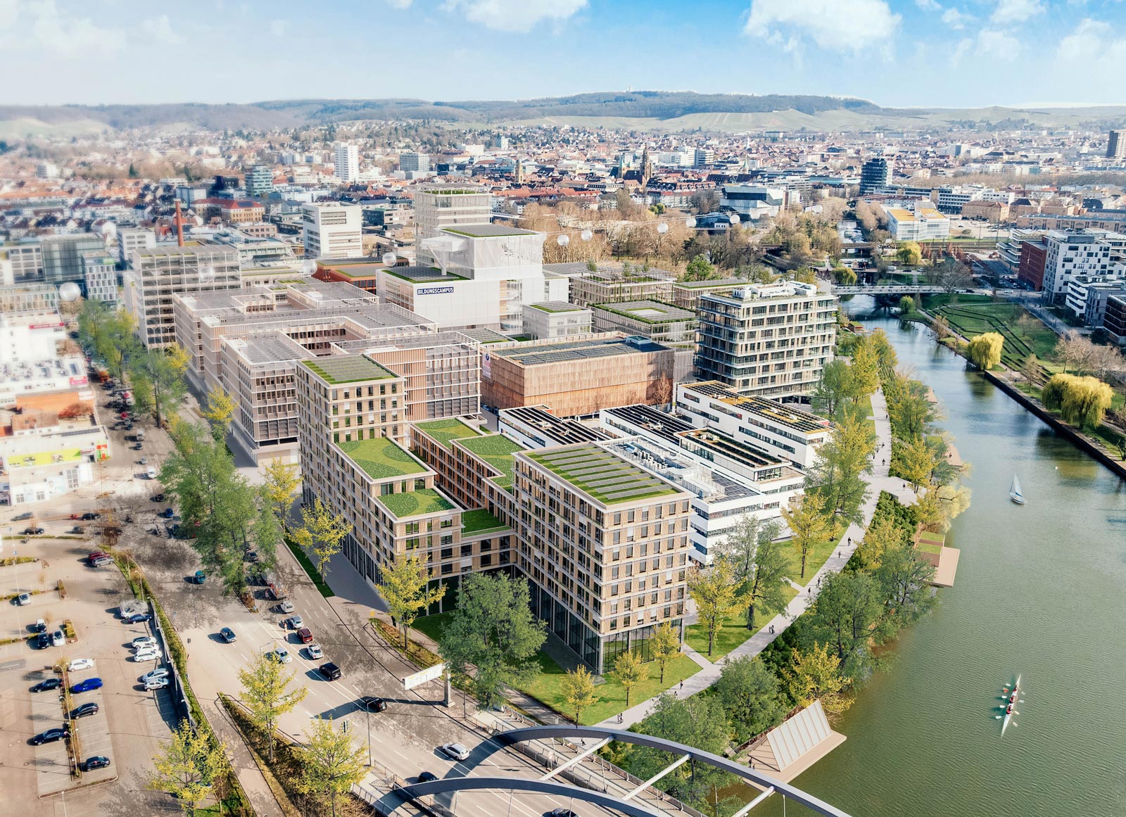 Eine Ansicht des künftigen Bildungscampus West, eingebunden in die Umgebung des Neckarufers.